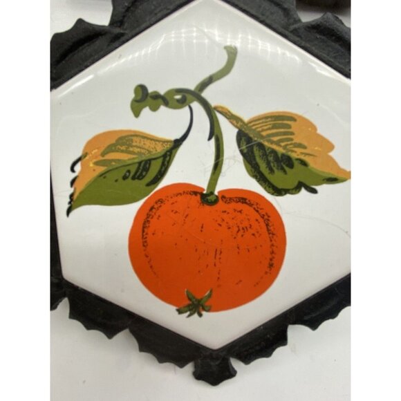 Vtg Cast Iron & Ceramic Trivet Lego Japan‎ 1970s Peach Fruit On White - Picture 9 of 10